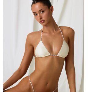 Oh Polly Keshi Pearl-Detail Triangle Bikini Top in Pearl White Small